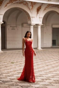 Rendira Sequin Gown - Deep Red