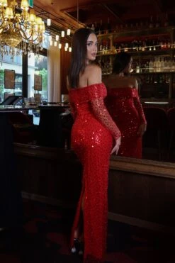 Damsel Beaded Off Shoulder Red Gown -ALAMOUR ONLINE STORE ADORIA 81