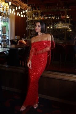 Damsel Beaded Off Shoulder Red Gown -ALAMOUR ONLINE STORE ADORIA 83