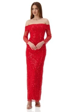 Damsel Beaded Off Shoulder Red Gown -ALAMOUR ONLINE STORE damsel 4