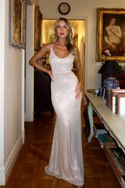 Nina Low Back Silver Gown -ALAMOUR ONLINE STORE emily30