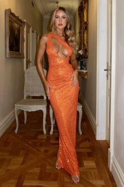 Mara Deep Plunge Sequins Orange Gown -ALAMOUR ONLINE STORE emily56