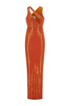 Mara Deep Plunge Sequins Orange Gown -ALAMOUR ONLINE STORE mara 1 gm