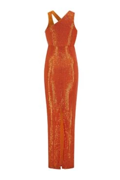 Mara Deep Plunge Sequins Orange Gown -ALAMOUR ONLINE STORE mara 2 gm